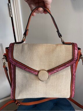 Pink Trim Cream Satchel Handbag with crossbody